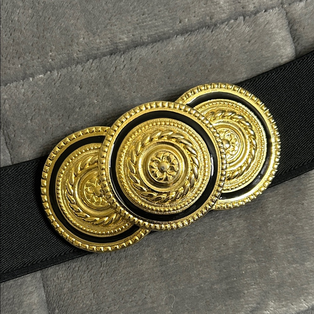 Men's Black Elastic Belt with Triple Gold Medallion Accent